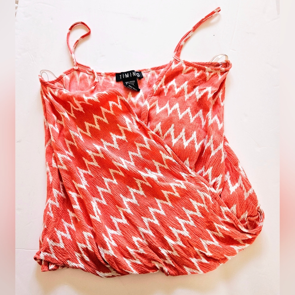 Women's Faux Wrap Elastic Hem Tank Top Orange Chevron Spaghetti Strap Size SMALL